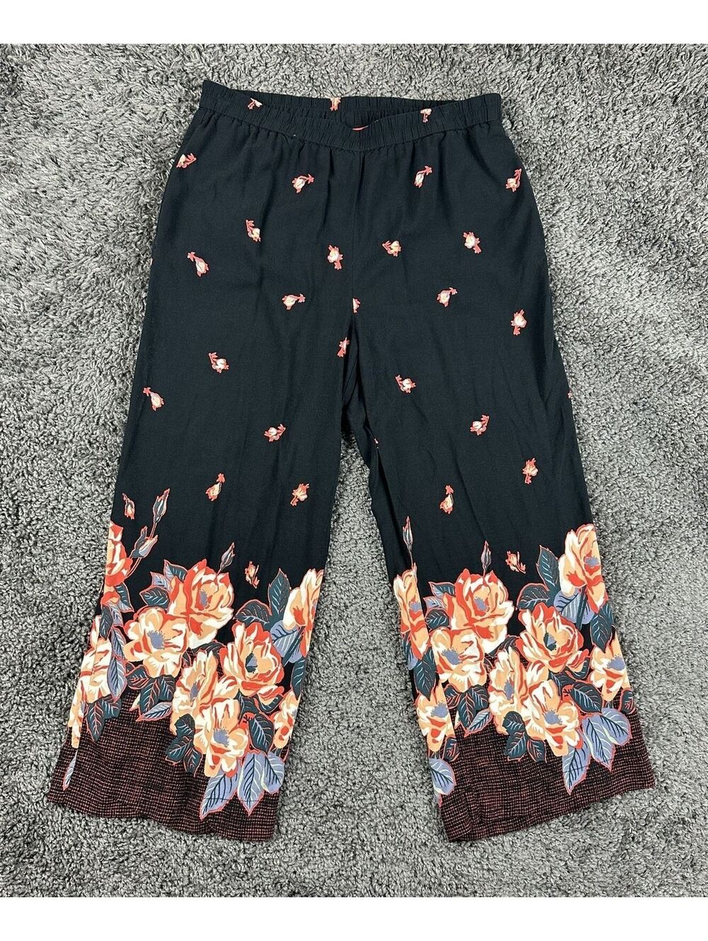 Ett:Twa by Anthropologie Womens Floral Wide Leg Pants Small Petite Black Cropped